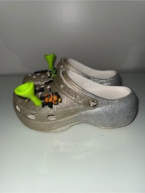 Womens Glitter Crocs with Fun Shrek Charms - Silver/Gold